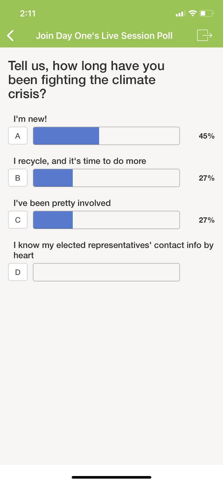 Image of event mobile app poll question asking how long have you been fighting the climate crisis?