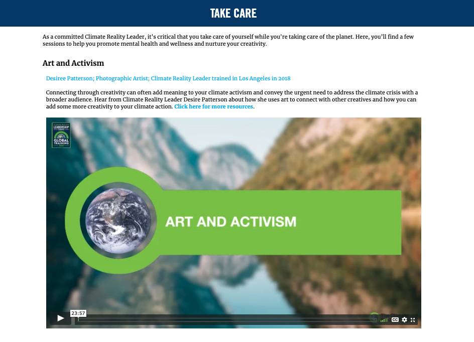 Image of web page showing a video about art and activism.