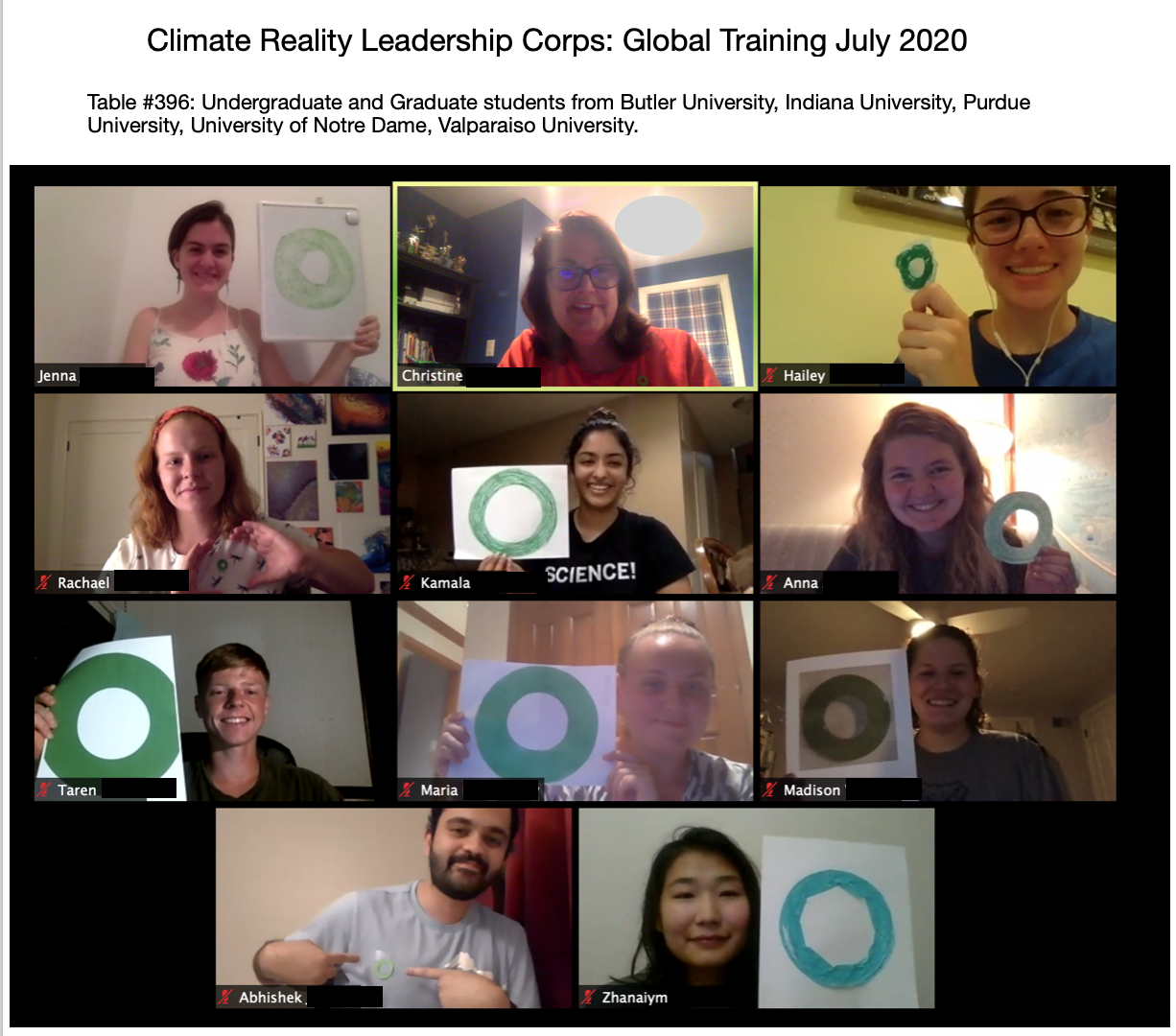 Image of virtual training participants with homemade green rings to symbolize their certification. 