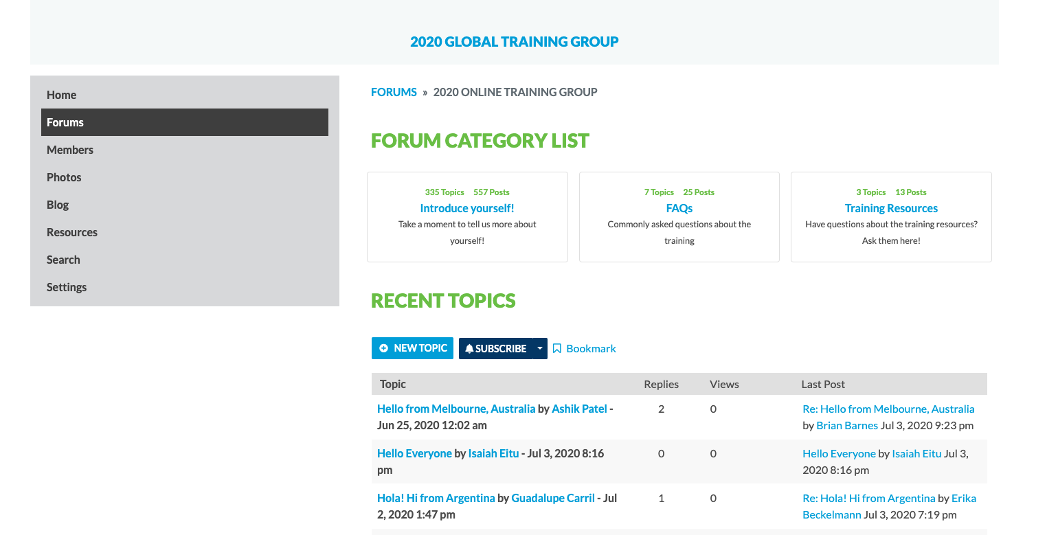 Screenshot of 2020 Global Training Group landing webpage with discussion forums. 