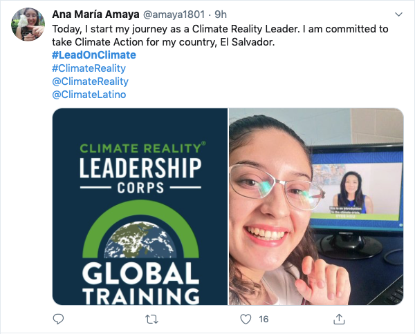 Twitter post about Climate Reality Virtual Event saying Today I start my Climate Reality Journey.